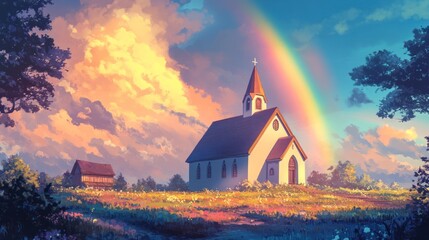 Wall Mural - Serene Church Landscape Under a Vibrant Rainbow