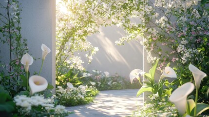 Wall Mural - Sunlit path through a blooming, white flower garden.