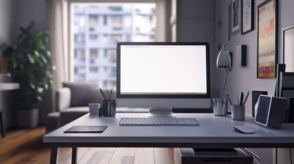 destkop monitor, white keyboard, mouses and smartphone with blank white screen.  Blurred white desk home office background