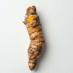 Wall Mural - Fresh turmeric root on white background highlighting its distinctive texture and rich color