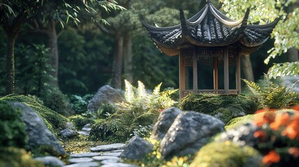 Wall Mural - Serene garden path leading to a moss-covered pagoda.