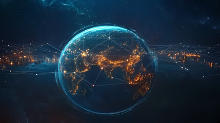 Wall Mural - earth surrounded by blue aura and golden glow with futuristic urban silhouettes floating above