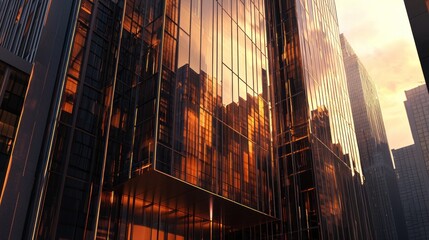 Poster - Golden sunset reflecting on modern skyscraper facade.