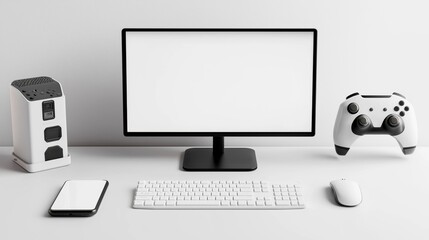 destkop monitor, white keyboard, mouses and smartphone with blank white screen. Blurred white desk home office background
