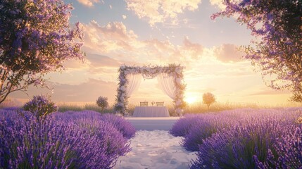 Wall Mural - Romantic sunset wedding ceremony in lavender field.