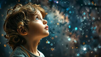 Wall Mural - Child gazing up at magical starry sky with dreamlike wonder and awe