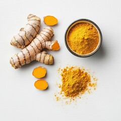 Wall Mural - Fresh and ground turmeric on white background - vibrant orange yellows for healthy cooking and natural remedies