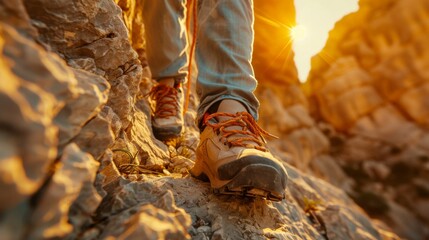 Poster - A person navigates rocky terrain on a hiking trail, with close up shots of hiking boots and vibrant sunlight illuminating the surrounding landscape at sunset.