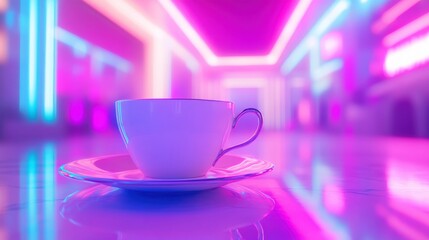 Wall Mural - A pristine white cup on a saucer, illuminated by vibrant neon lights in a modern caf? interior