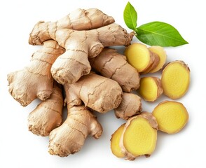 Wall Mural - Fresh ginger root with slices and green leaf on white background