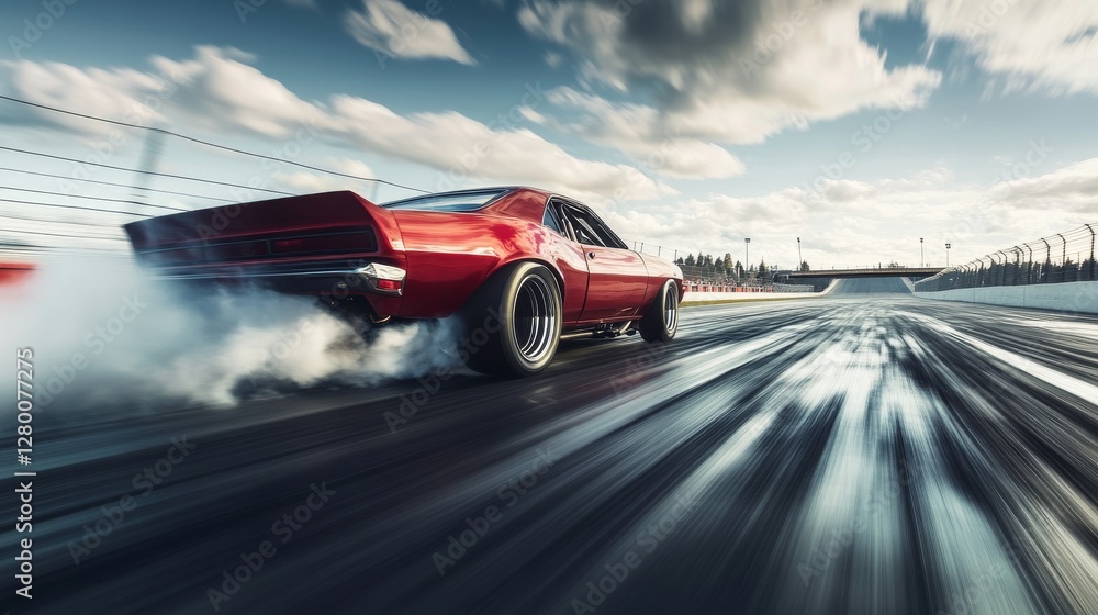 Drag racing car tearing down the track. Featuring excitement and high ...