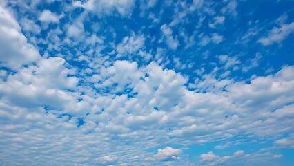 Wall Mural - clear blue sky with fluffy clouds the image showcases a vibrant blue sky dotted with fluffy white cl