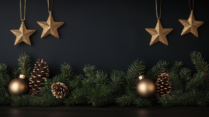 Wall Mural - elegant christmas decor with golden stars and ornaments