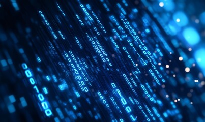 Abstract blue glowing binary code background with bokeh lights and a digital matrix pattern. 