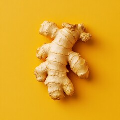 Wall Mural - Fresh ginger root on vibrant yellow background for culinary health and spice