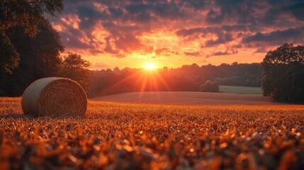 Wall Mural - Sunset Hay Bale Rural Field Harvest Landscape