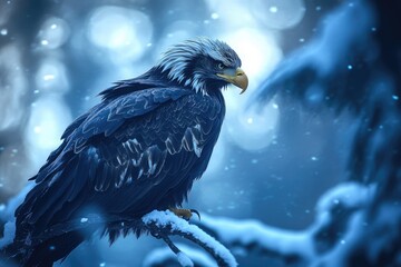 Wall Mural - Majestic eagle perched on a snow-covered branch in a winter wonderland.