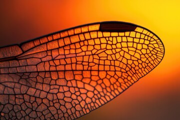 Poster - Close-up of a dragonfly's wing, showcasing intricate veining against a vibrant sunset backdrop.