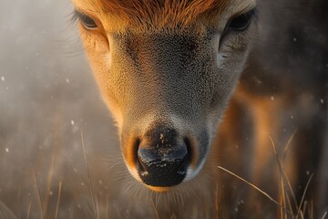 Wall Mural - Close-up of a deer's face, illuminated by golden sunlight, in a snowy field.