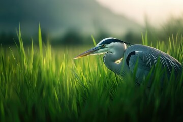 Wall Mural - Grey heron camouflaged in lush green grass, bathed in soft sunlight.