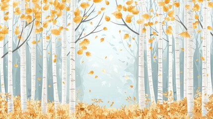 Wall Mural - Serene autumn birch forest with falling golden leaves.