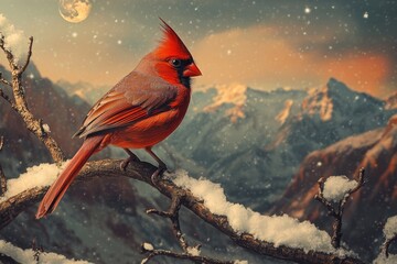 Wall Mural - A vibrant red cardinal perched on a snow-covered branch against a majestic winter mountain backdrop under a full moon.