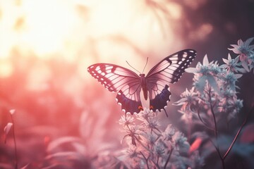 Poster - A delicate butterfly with black and white wings rests on soft pink flowers at sunset.