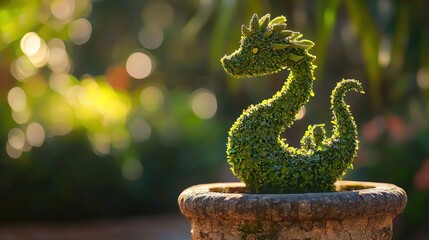 Wall Mural - Dragon-shaped topiary in a stone pot, sunlit garden background.