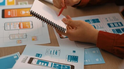 Wall Mural - panorama video of startup company employee planning on user interface prototype for mobile applicati