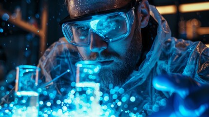 Leinwandbilder - A scientist wearing protective gear observes glowing liquids in beakers, showcasing the excitement of scientific discovery in a dimly lit laboratory during the evening hours.