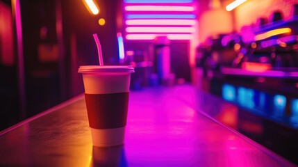 Wall Mural - A vibrant coffee cup on a reflective surface in a neon-lit caf? with blurred background details