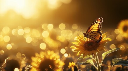 Wall Mural - Monarch butterfly on sunflower at sunset.