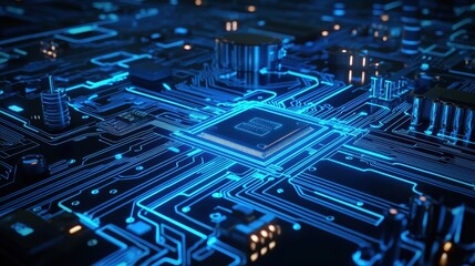 Wall Mural - futuristic abstract close-up of a complex circuit board with glowing blue lines and microchips on a 