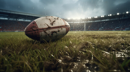 Canvas Print - Old Rugby Ball on Wet Grass at Dawn in Empty Stadium