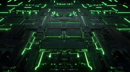 Wall Mural - futuristic abstract background with glowing green circuit board patterns and digital technology elem
