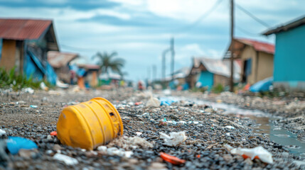 environmental crisis. street scene with a discarded yellow bucket and scattered trash.