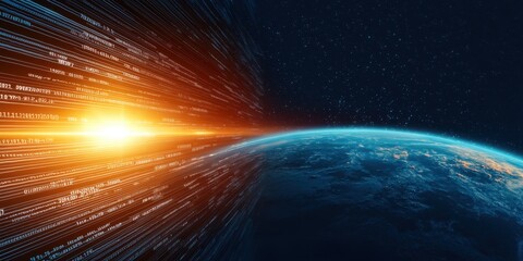 Fototapete - A vibrant, dynamic depiction of Earth bathed in sunlight, with streaks of data or energy conveying speed and technological advancement.