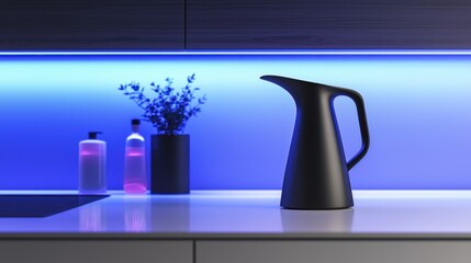 Poster - Modern kitchen counter with black pitcher, plants, and bottles under blue LED lighting.