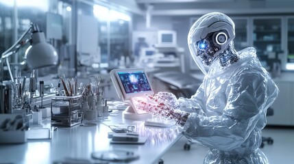 Fototapete - Robotic assistant engaging with holographic interface in a modern lab environment futuristic tech concept