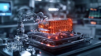 Fototapete - Advanced ai-driven holographic system analyzing organic structures in high-tech lab futuristic environment close-up view