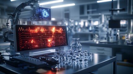 Poster - Advanced ai-driven holographic system analyzing organic data in high-tech lab environment