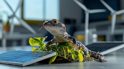 Fototapete - Skink energy researcher analyzes solar panels laboratory science experiment renewable energy environment close-up view