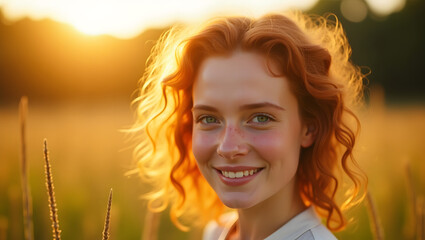 Wall Mural - A beautiful woman with freckles and curly red hair standing in a sunlit meadow, her face glowing with natural beauty. Soft-focus bokeh in the background, ethereal lighting, ultra-detailed textures, 8K