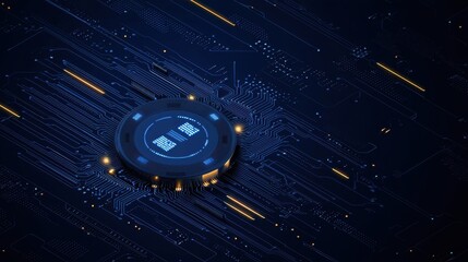Wall Mural - futuristic circuit board with glowing elements and central processor displaying data in a high-tech 