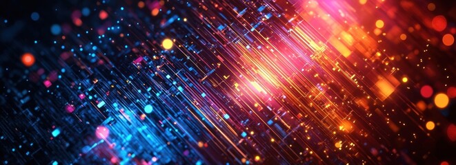 Wall Mural - Abstract digital art with vibrant red, orange, and blue streaks and bokeh.