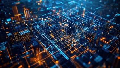 Wall Mural - Abstract digital city glowing network.