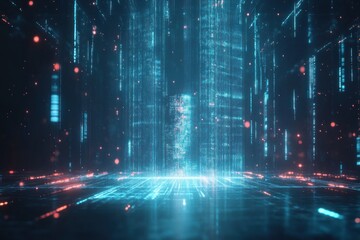 Wall Mural - Abstract digital city with glowing lines and particles.