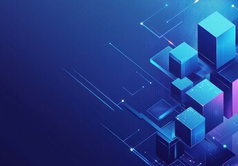Wall Mural - Abstract digital technology background with glowing cubes and lines.