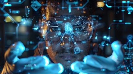 Fototapete - A focused individual wearing protective goggles reaches out to interact with glowing data displays in a high tech laboratory, showcasing advanced technological exploration at night.