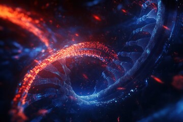 Wall Mural - Abstract DNA double helix, red and blue energy, particles.